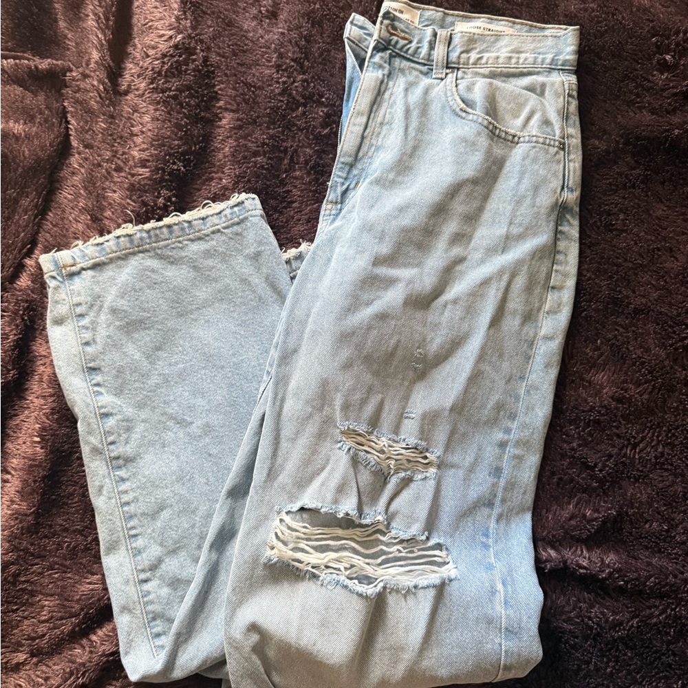 Cotton On Loose Straight Stylish Light Blue Distressed Women Jeans